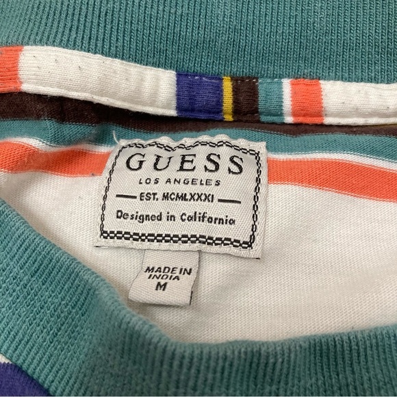 3/$15! Guess Embroidered Logo Striped Shirt Mens Medium Green Orange White Retro - Picture 2 of 6